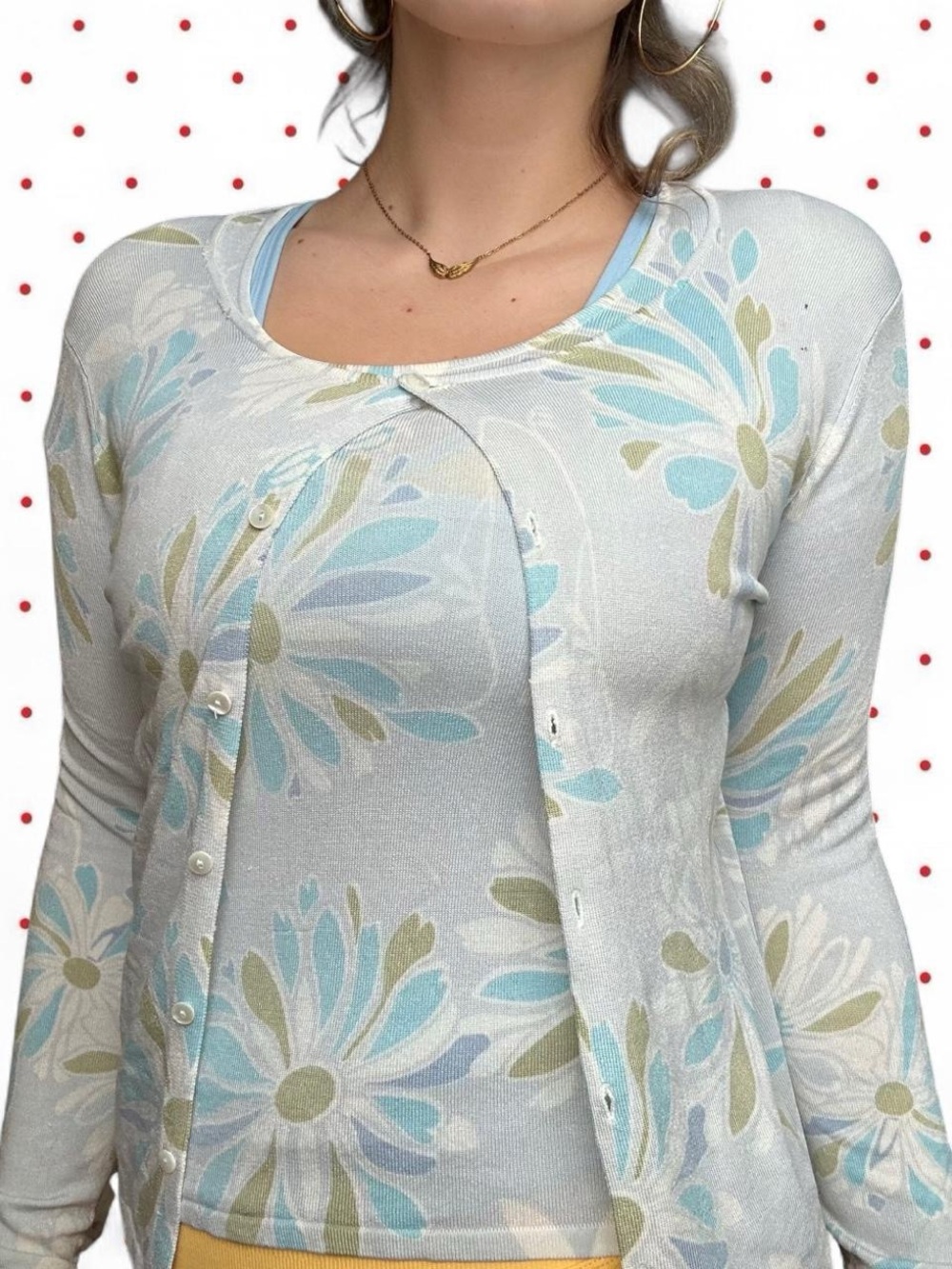 Saks Fifth Avenue Cream Floral Cardigan and Shell Set with Blue and Olive